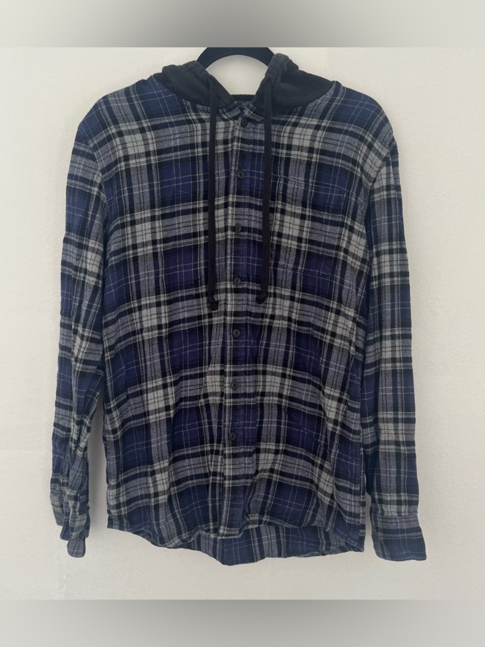 American Rag Navy and Black Plaid Hooded Shirt